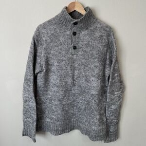 GAP Mens L Alpaca Wool Sweater Mock Neck Pullover 1/4 Button Preppy Cozy Grey